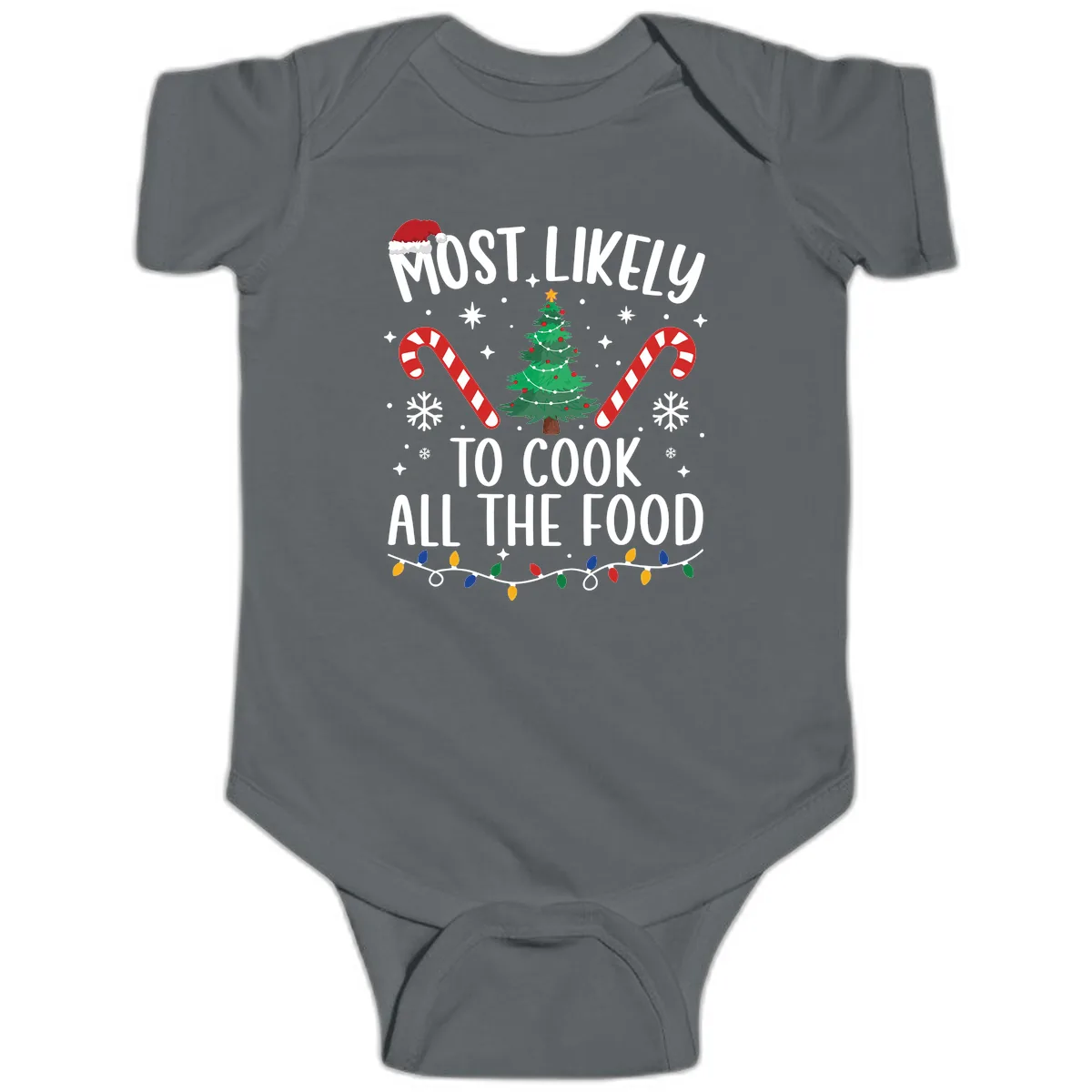 Most Likely To Cook All The Food Christmas Baby Onesie in Charcoal