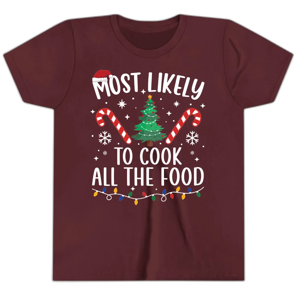 Most Likely To Cook All The Food Christmas Youth T-Shirt in Maroon