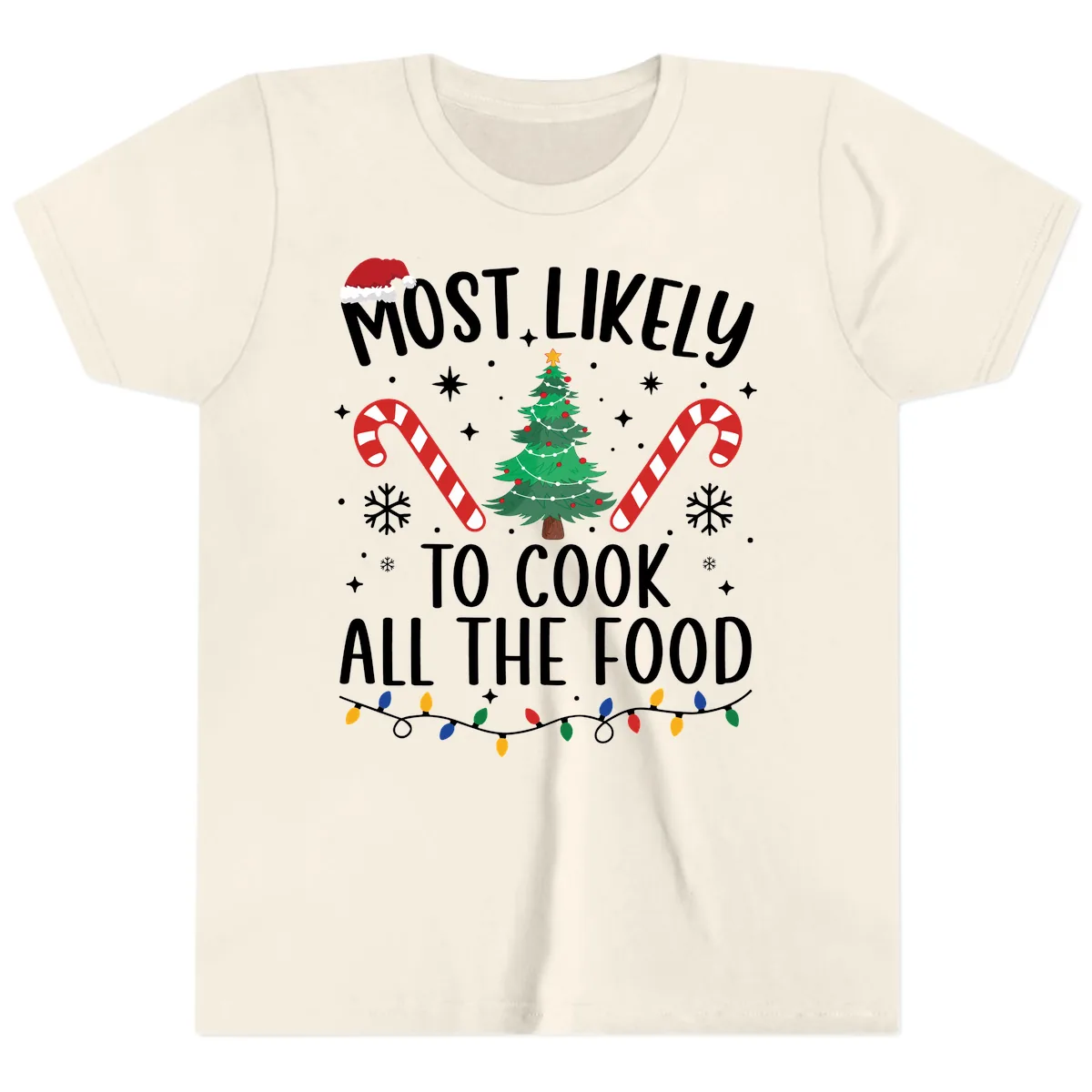 Most Likely To Cook All The Food Christmas Youth T-Shirt in Natural