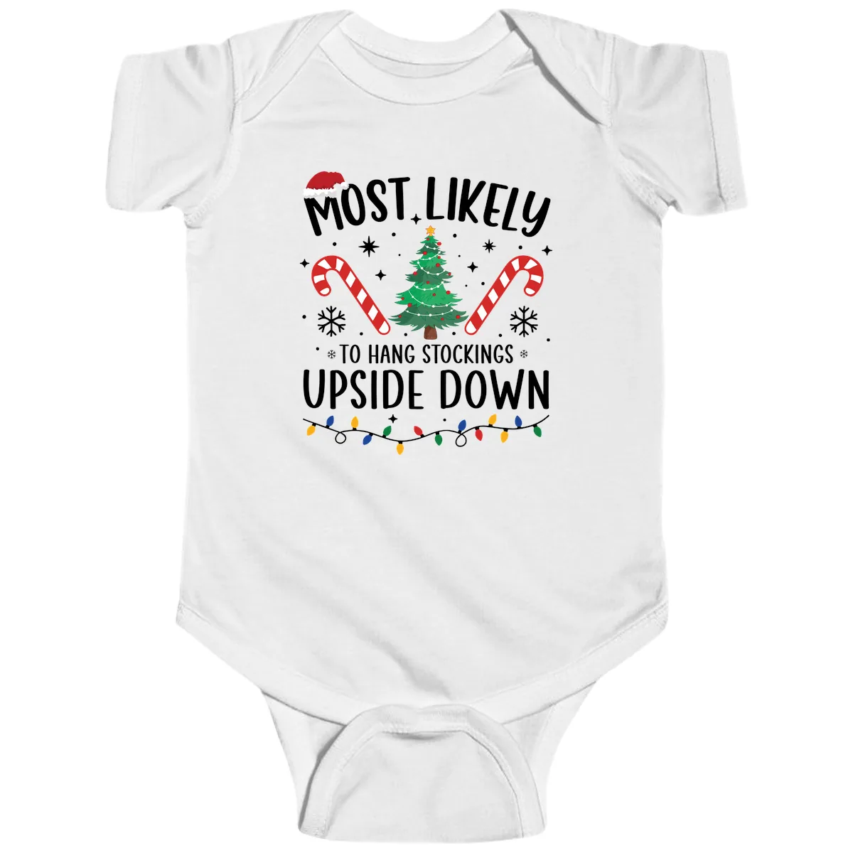 Most Likely To Hang Stockings Upside Down Baby Onesie in White
