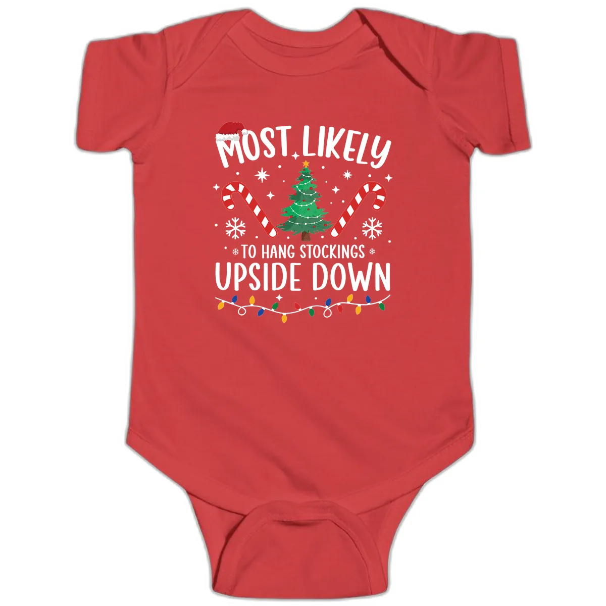 Most Likely To Hang Stockings Upside Down Baby Onesie in Red