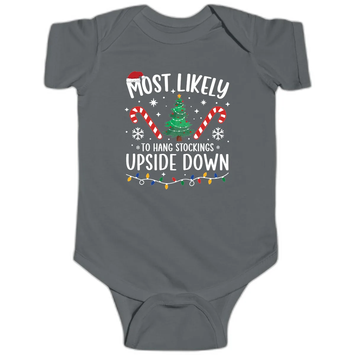 Most Likely To Hang Stockings Upside Down Baby Onesie in Charcoal