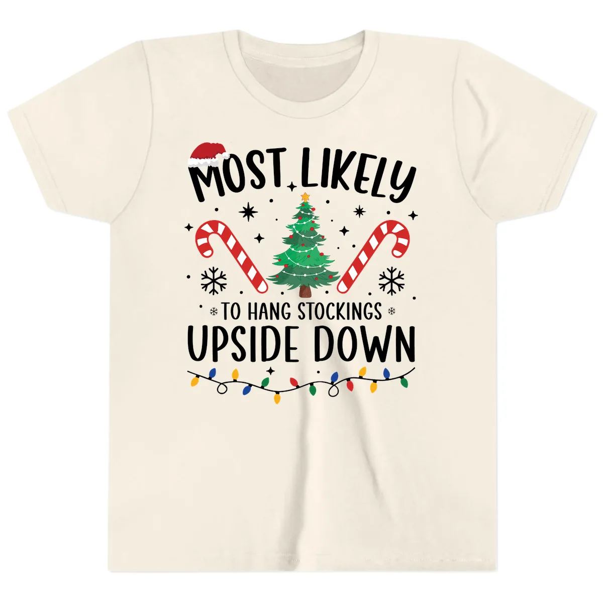Most Likely To Hang Stockings Upside Down Youth T-Shirt in Natural