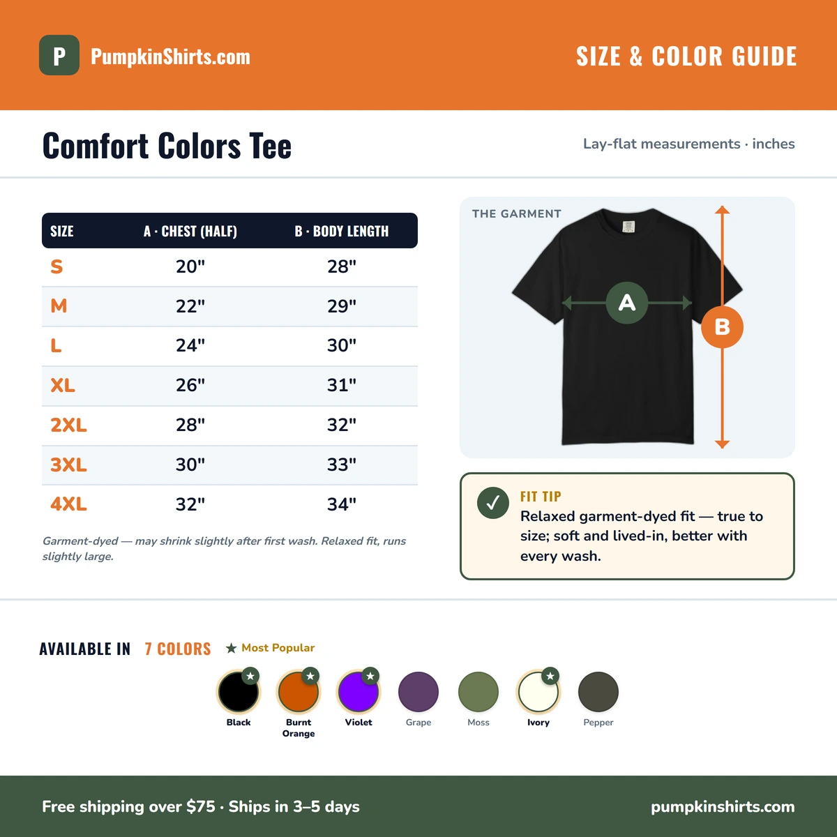 Comfort Color size & color guide