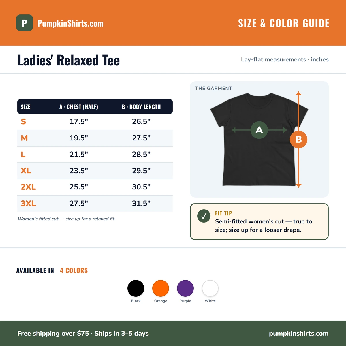 Ladies Tee size & color guide