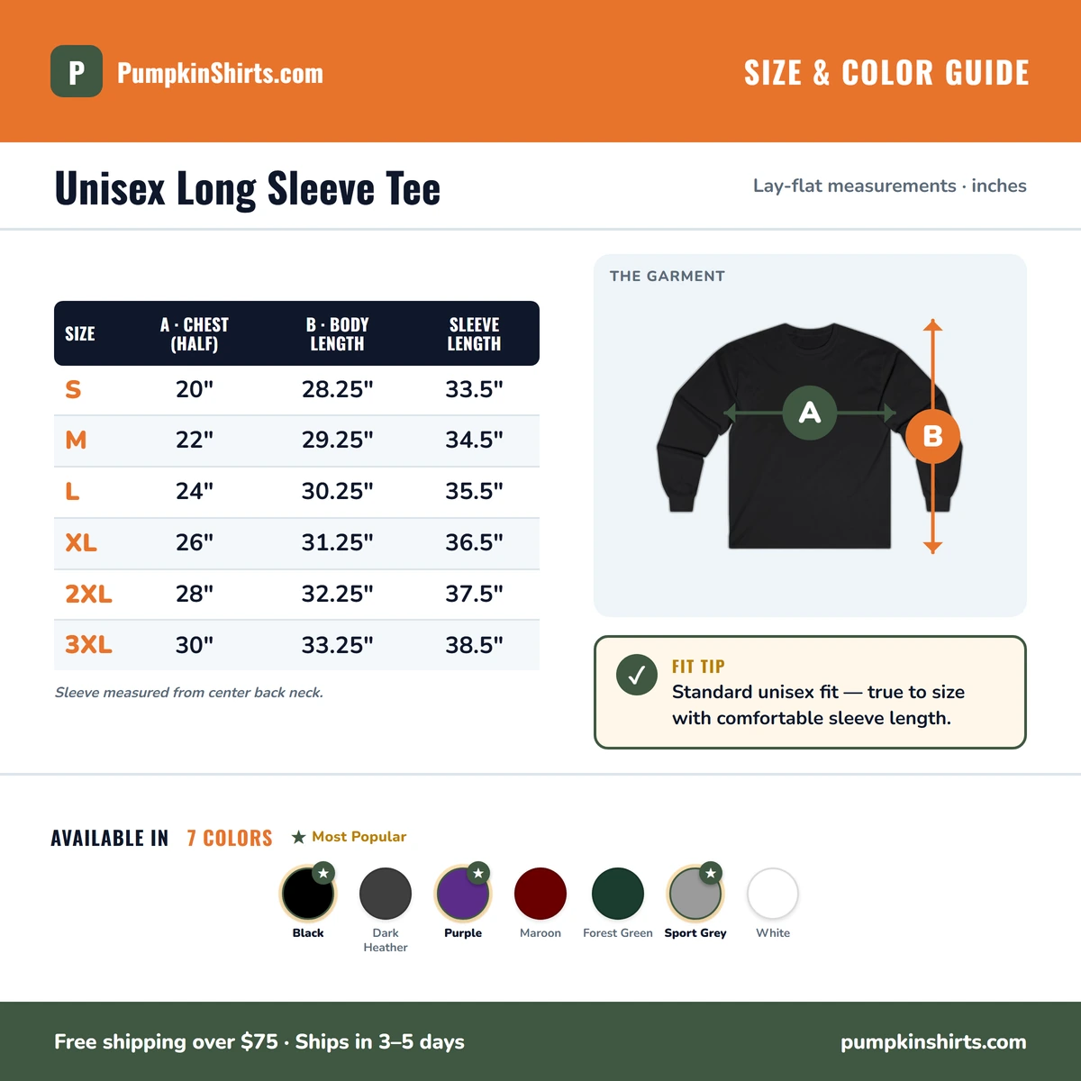 Long Sleeve size & color guide