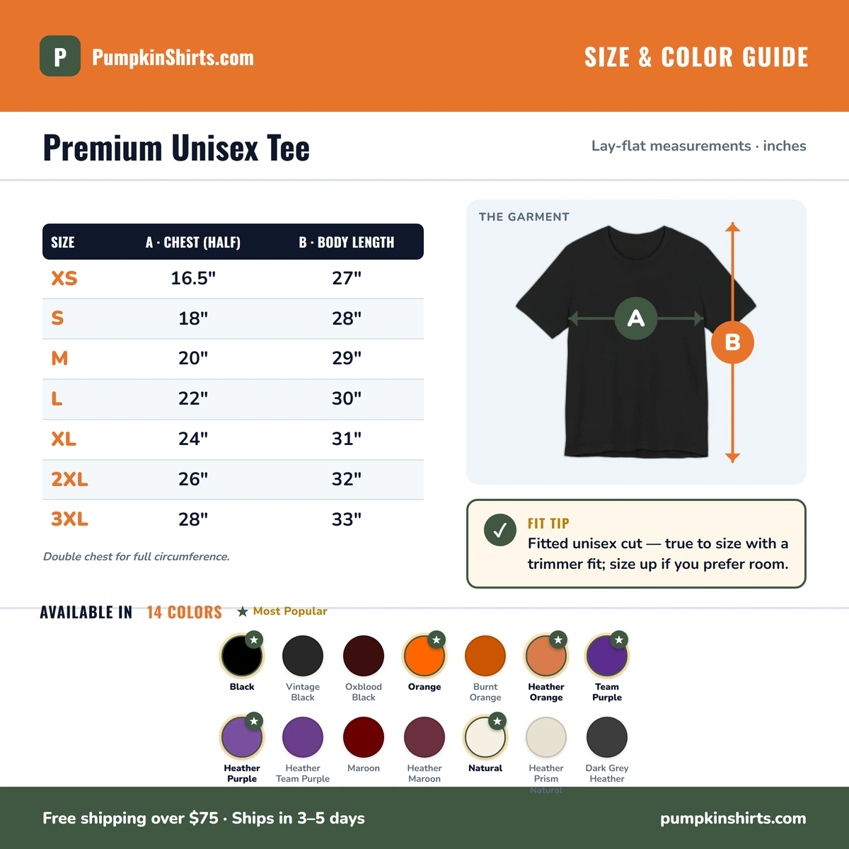 Premium T-Shirt size & color guide