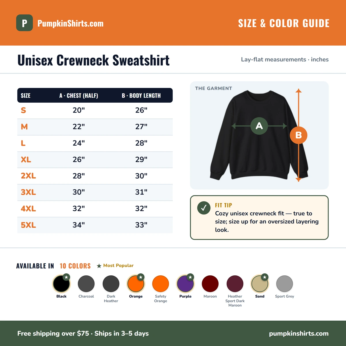 Sweatshirt size & color guide