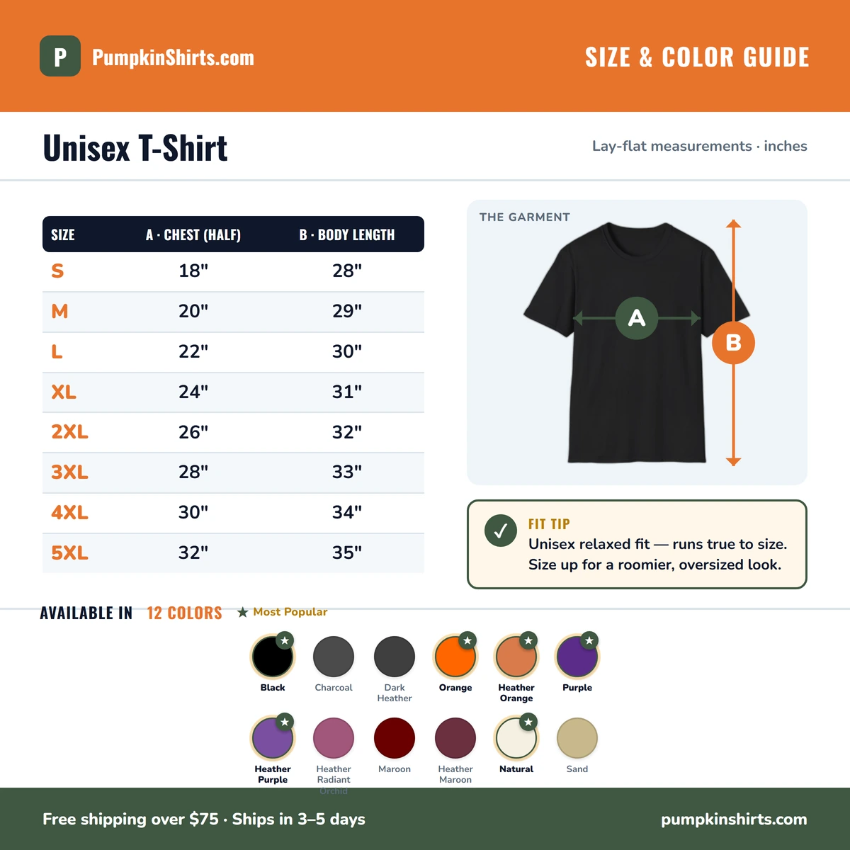T-Shirt size & color guide