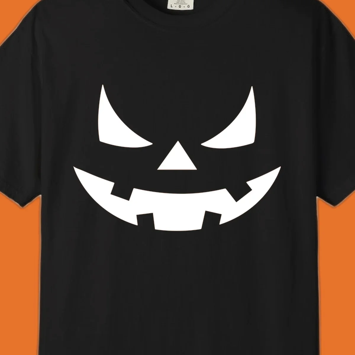 Spooky jack-o-lantern face illustration with angled eyes and jagged smile, for Halloween.