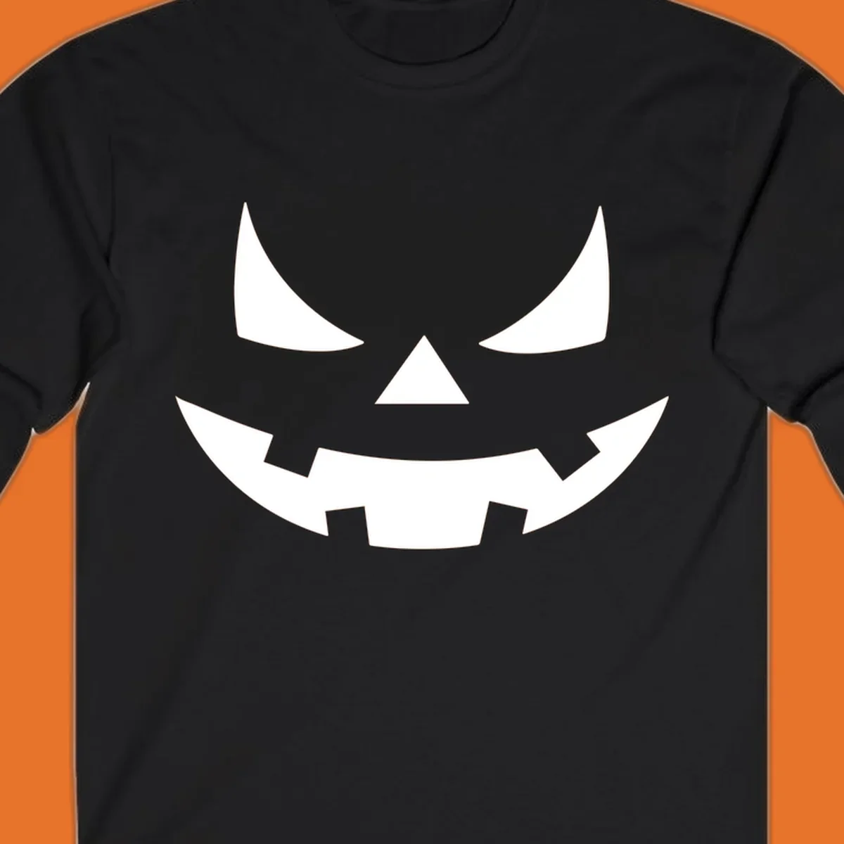 Spooky jack-o-lantern face illustration with angled eyes and jagged smile, for Halloween.