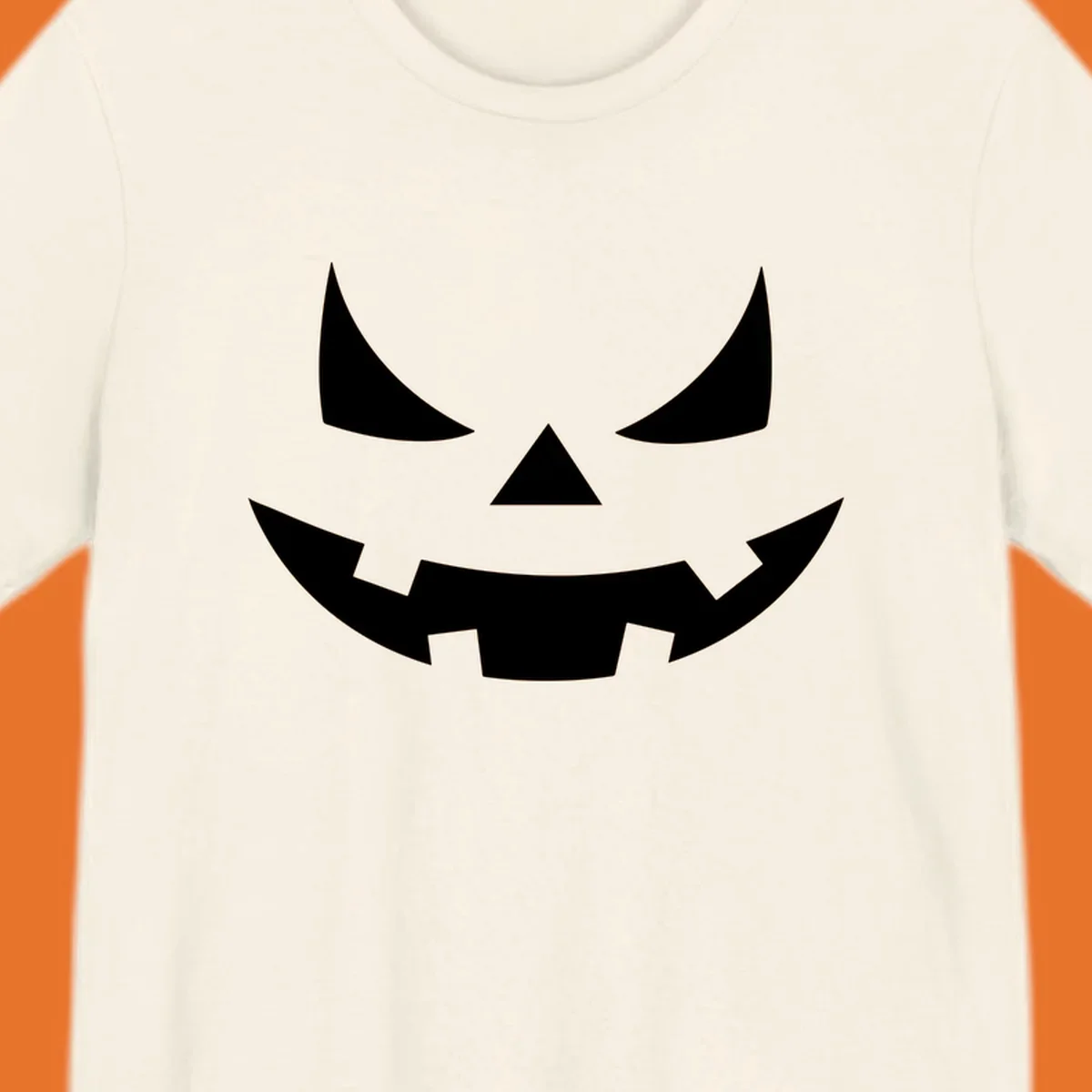 Spooky jack-o-lantern face illustration with angled eyes and jagged smile, for Halloween.