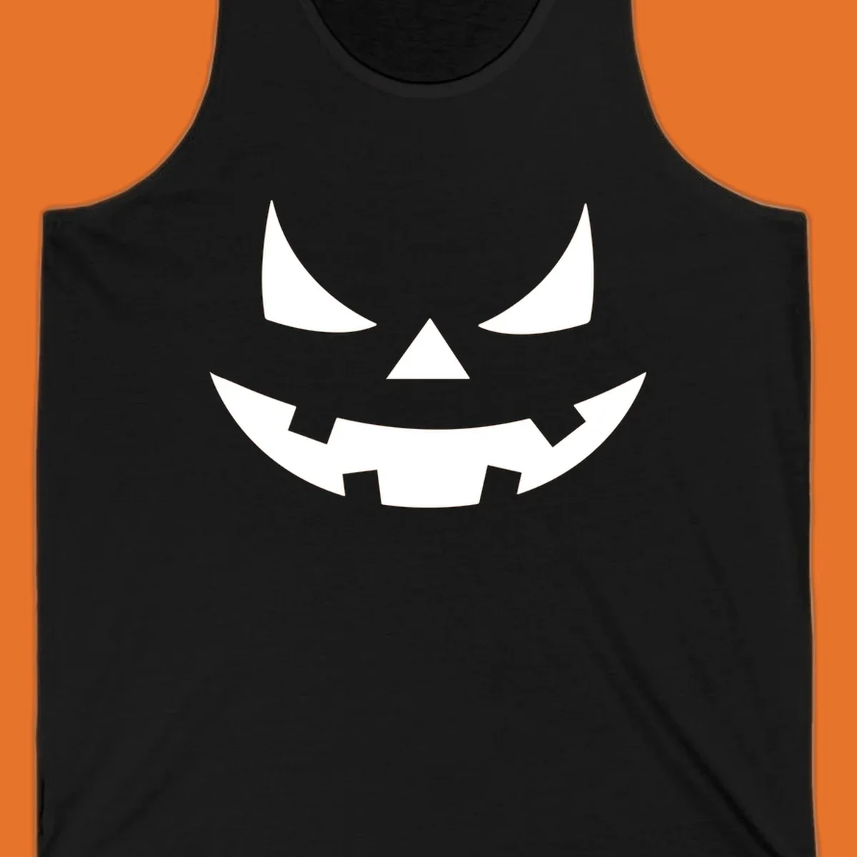 Spooky jack-o-lantern face illustration with angled eyes and jagged smile, for Halloween.