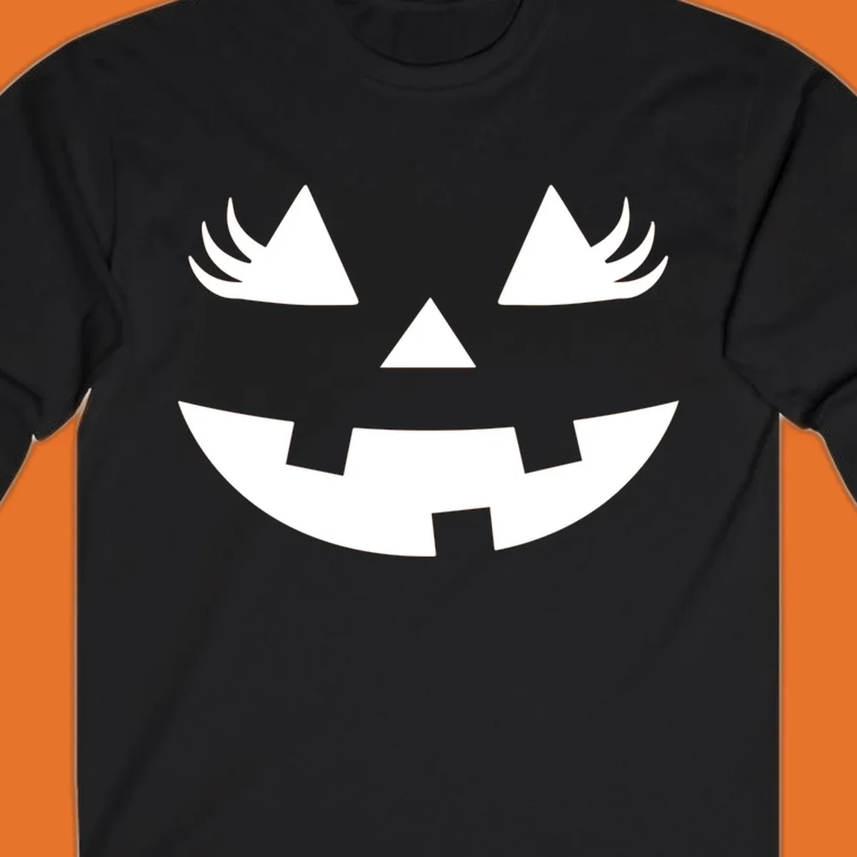Jack o' lantern face with triangle eyes, nose, and jagged smile, featuring eyelashes.