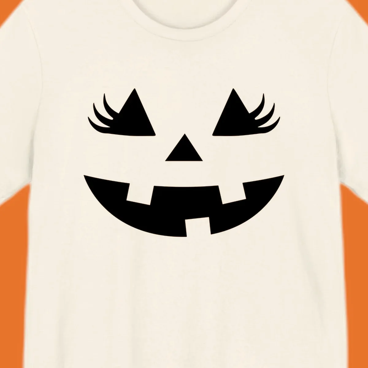 Jack o' lantern face with triangle eyes, nose, and jagged smile, featuring eyelashes.