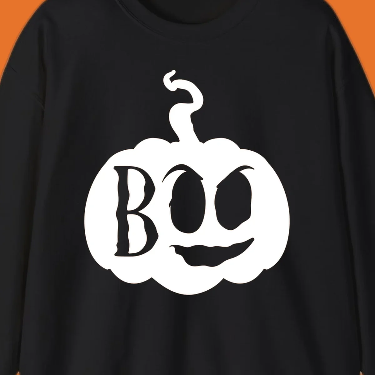 Spooky boo pumpkin face illustration with text, Halloween theme.