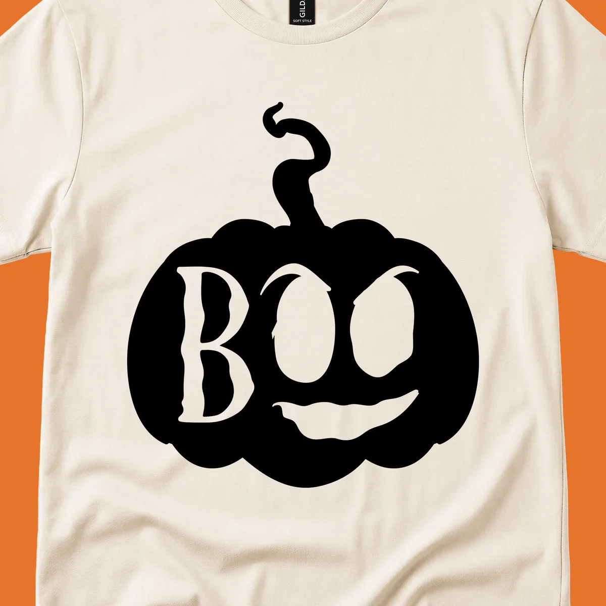 Spooky boo pumpkin face illustration with text, Halloween theme.