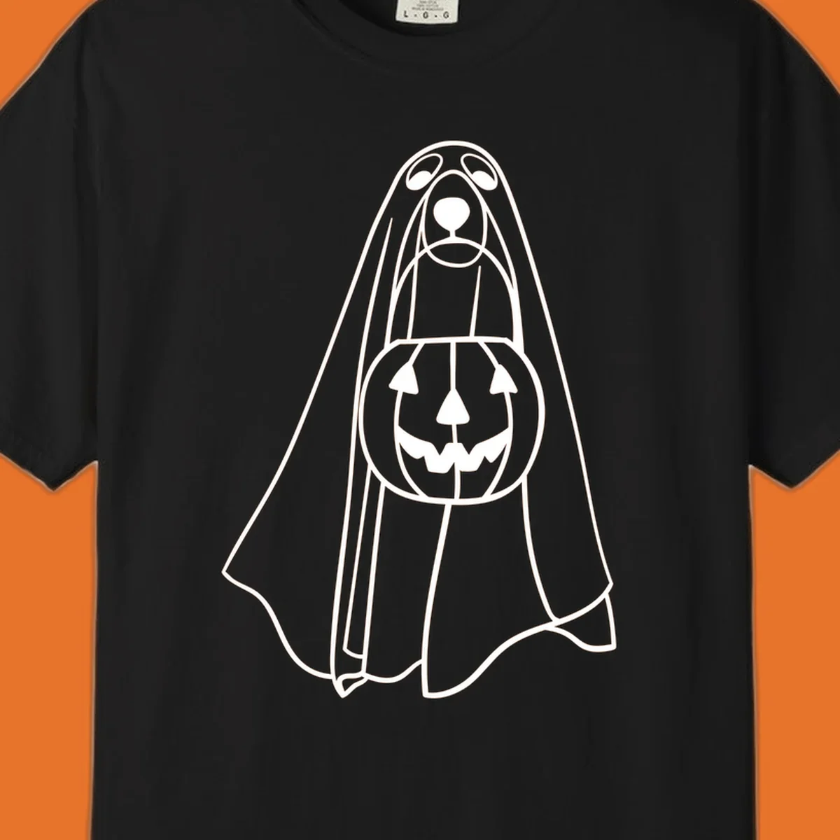 Line art of a dog dressed as a ghost holding a pumpkin candy bucket for Halloween.