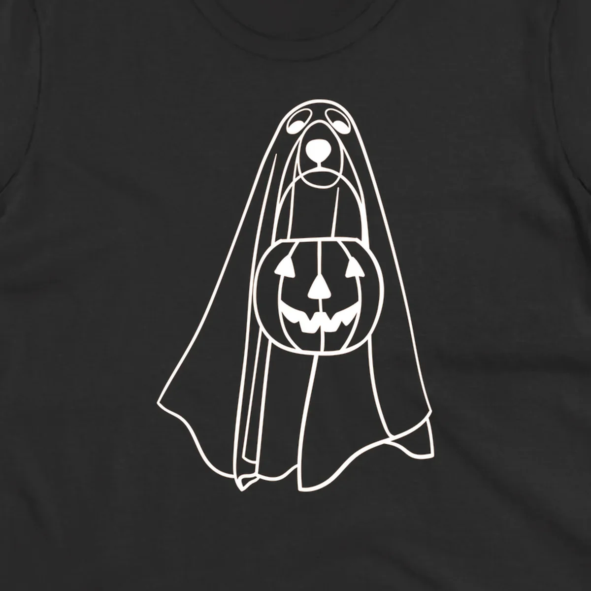 Line art of a dog dressed as a ghost holding a pumpkin candy bucket for Halloween.