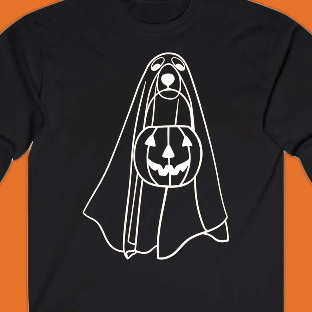 Line art of a dog dressed as a ghost holding a pumpkin candy bucket for Halloween.