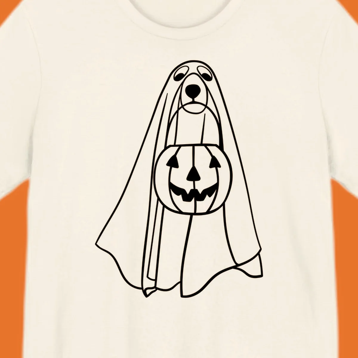 Line art of a dog dressed as a ghost holding a pumpkin candy bucket for Halloween.