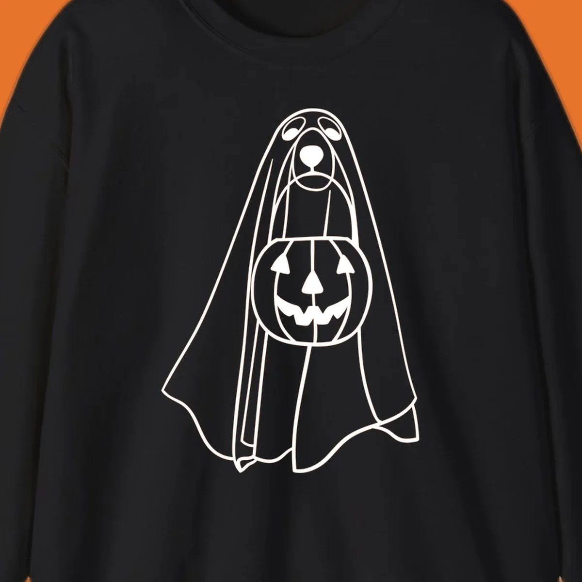 Line art of a dog dressed as a ghost holding a pumpkin candy bucket for Halloween.