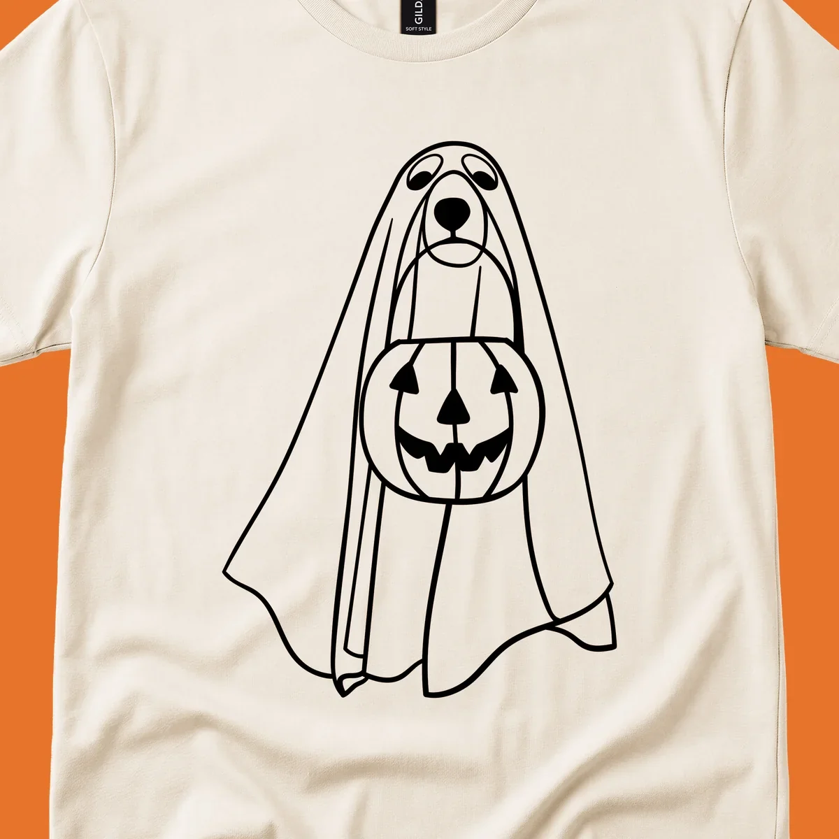 Line art of a dog dressed as a ghost holding a pumpkin candy bucket for Halloween.