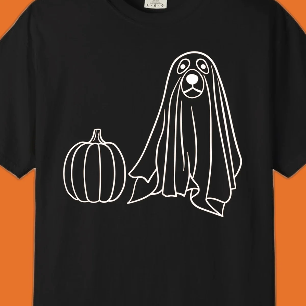 Dog ghost costume with pumpkin illustration, dog-ghost-halloween