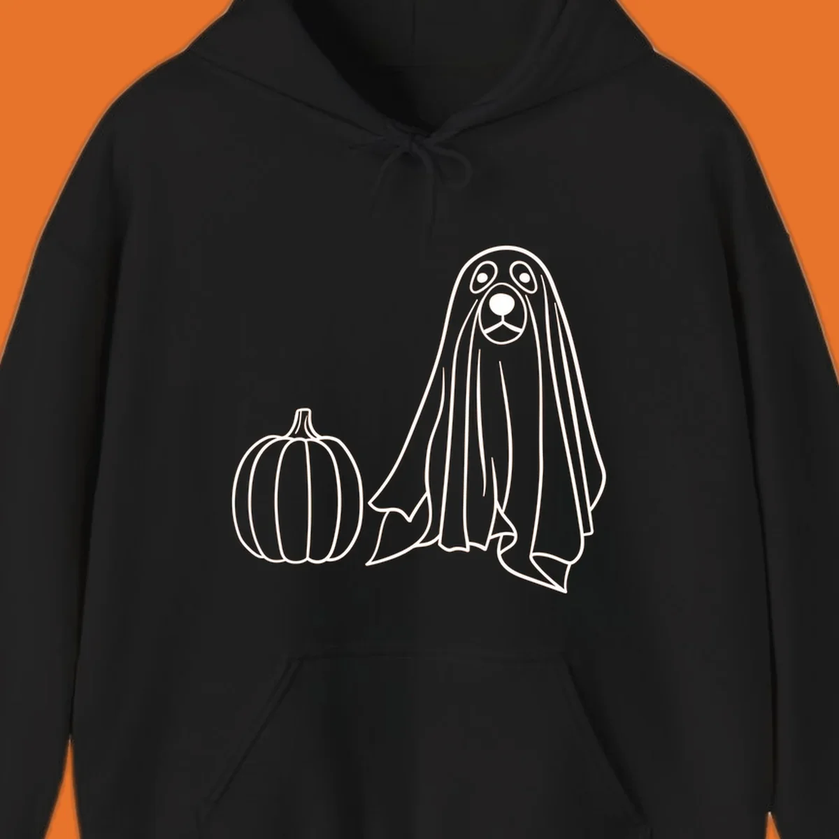 Dog ghost costume with pumpkin illustration, dog-ghost-halloween