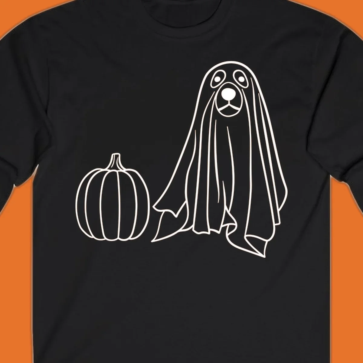 Dog ghost costume with pumpkin illustration, dog-ghost-halloween