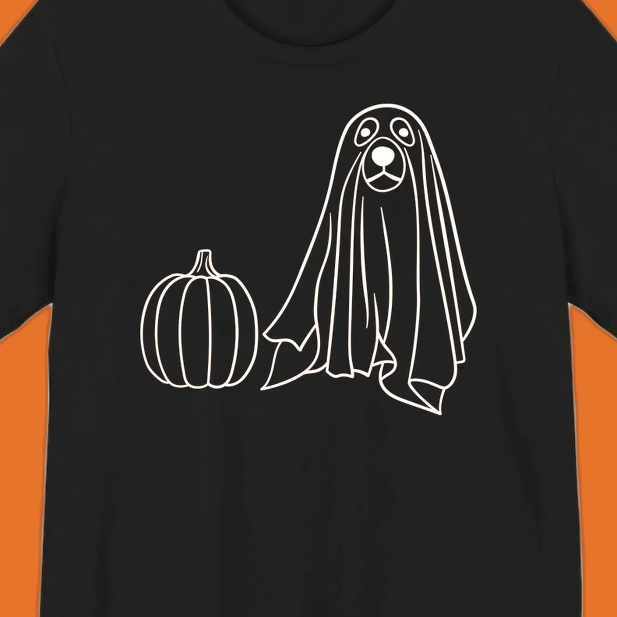 Dog ghost costume with pumpkin illustration, dog-ghost-halloween