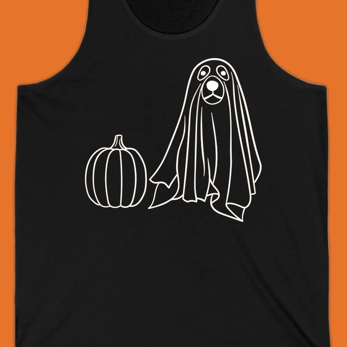 Dog ghost costume with pumpkin illustration, dog-ghost-halloween