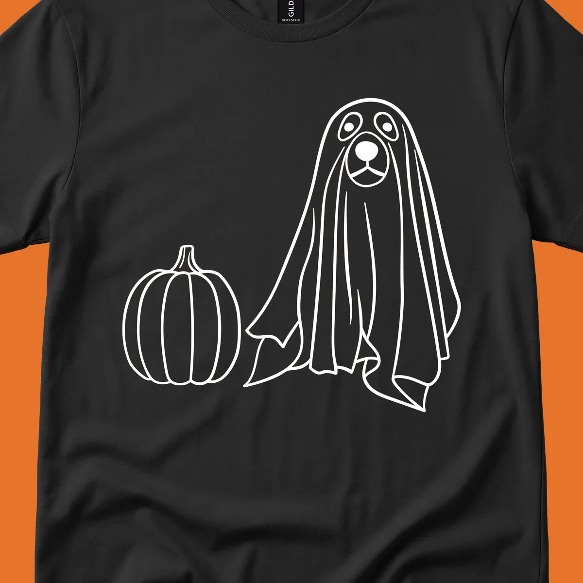 Dog ghost costume with pumpkin illustration, dog-ghost-halloween