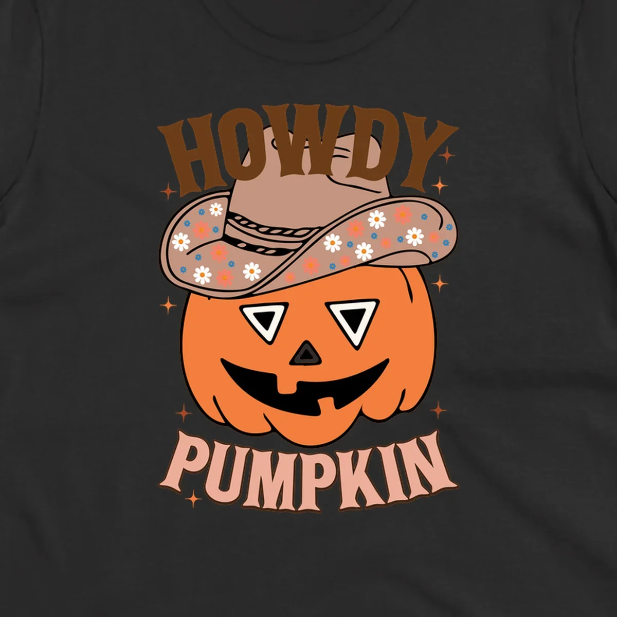Howdy Pumpkin cowboy hat illustration for Halloween, with retro-style text and floral accents.