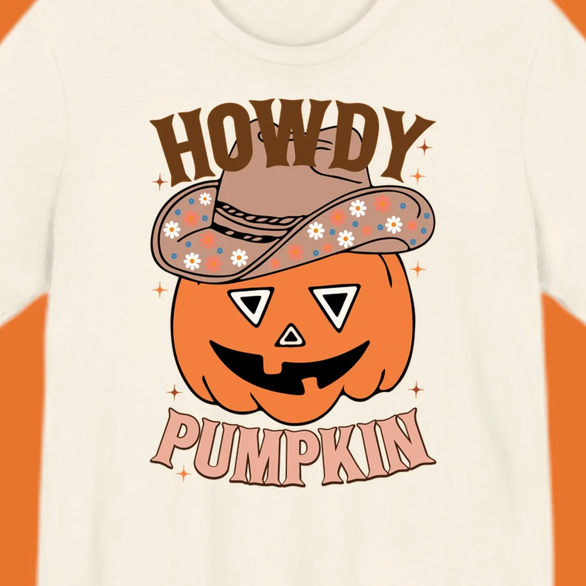 Howdy Pumpkin cowboy hat illustration for Halloween, with retro-style text and floral accents.