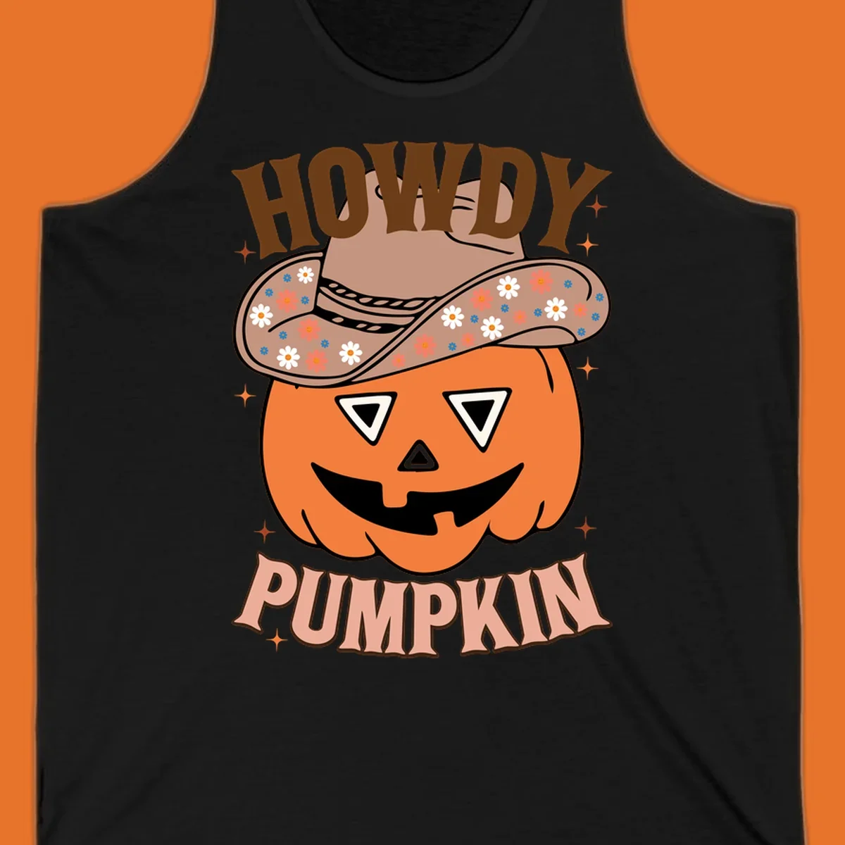 Howdy Pumpkin cowboy hat illustration for Halloween, with retro-style text and floral accents.