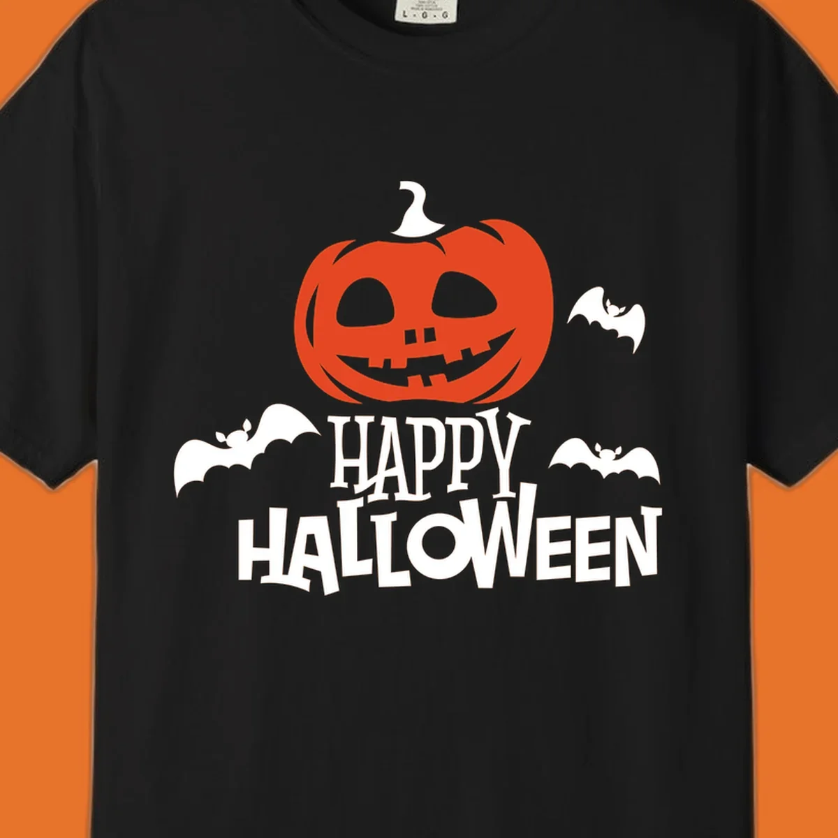 Happy Halloween text with a carved pumpkin and bats graphic.