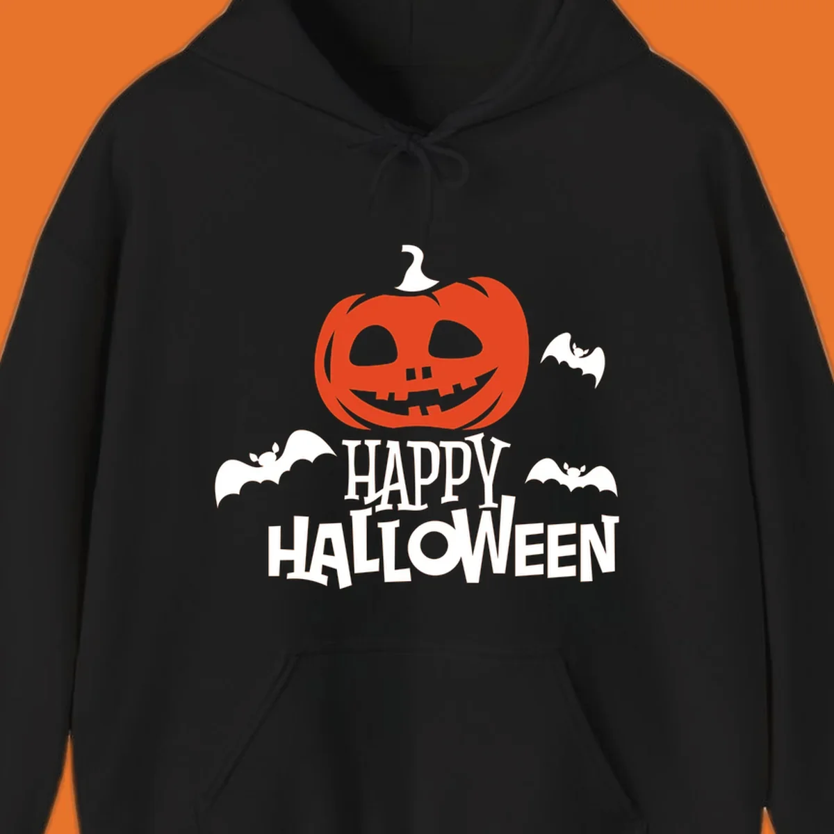 Happy Halloween text with a carved pumpkin and bats graphic.