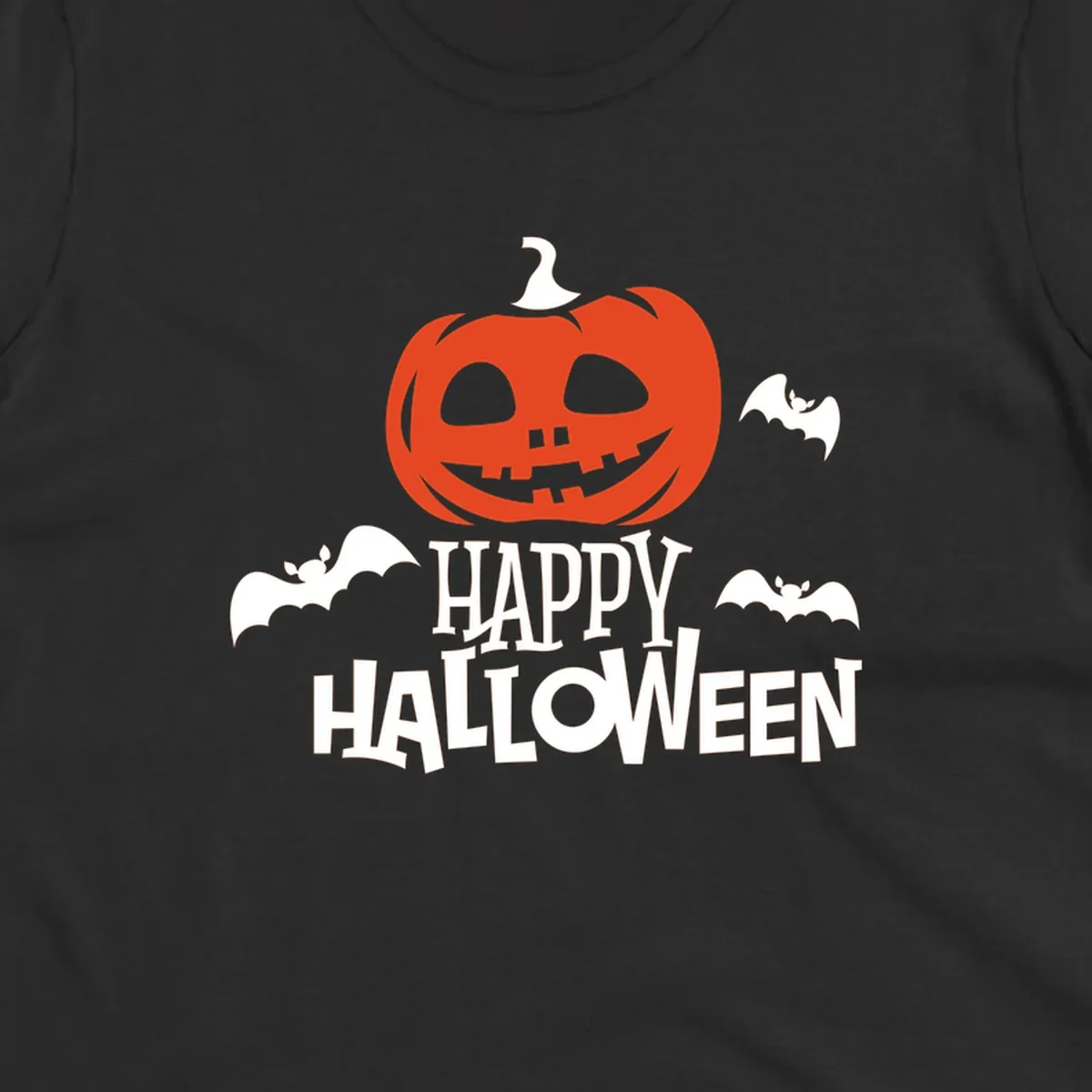 Happy Halloween text with a carved pumpkin and bats graphic.