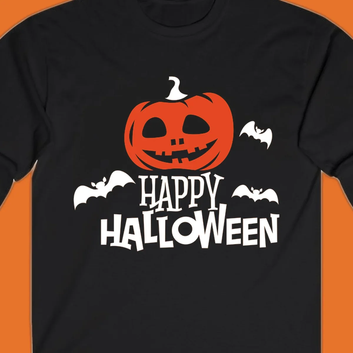 Happy Halloween text with a carved pumpkin and bats graphic.