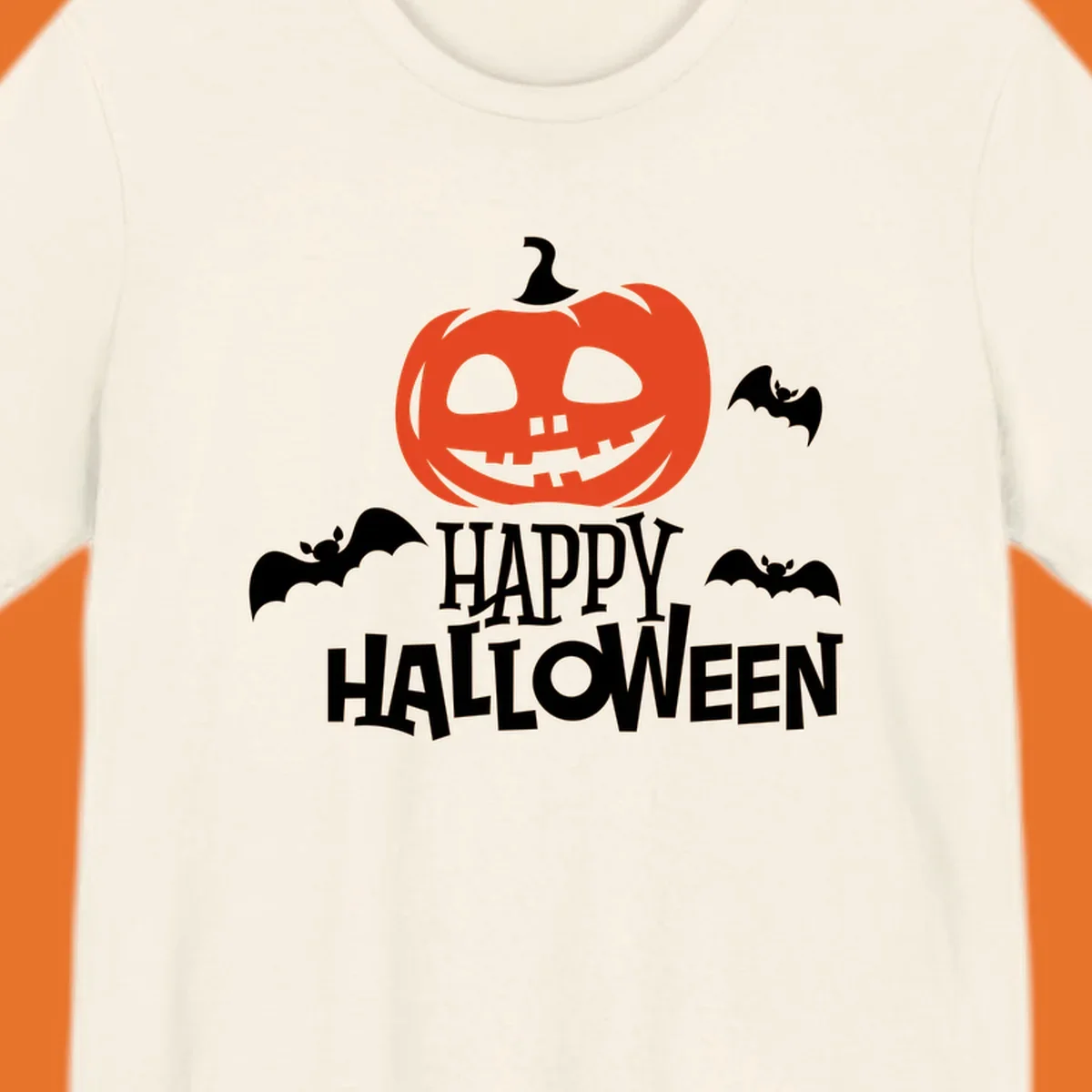 Happy Halloween text with a carved pumpkin and bats graphic.