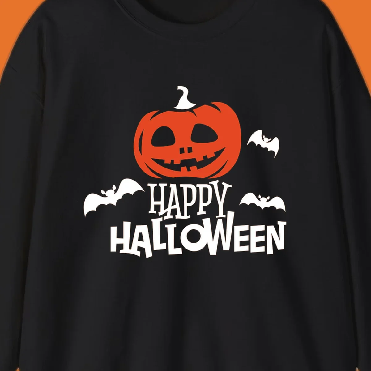 Happy Halloween text with a carved pumpkin and bats graphic.