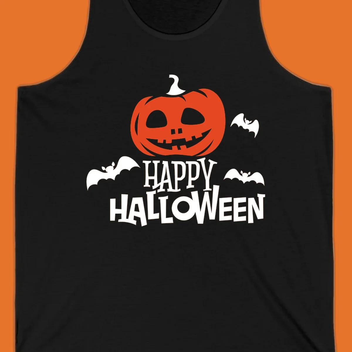 Happy Halloween text with a carved pumpkin and bats graphic.