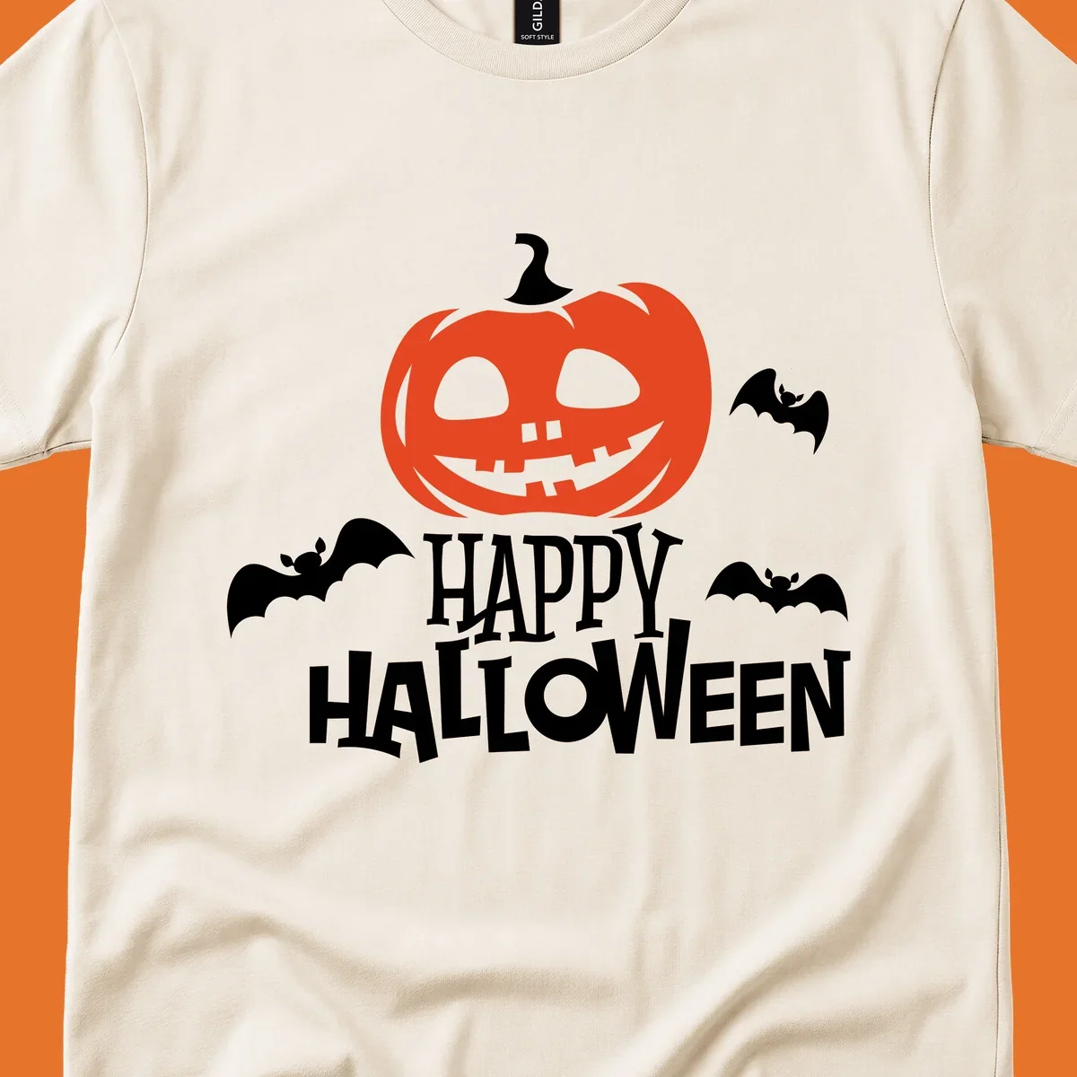 Happy Halloween text with a carved pumpkin and bats graphic.