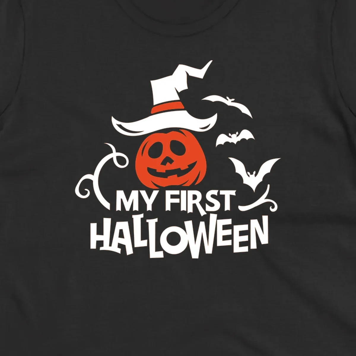My First Halloween text with a pumpkin wearing a witch hat and bats.