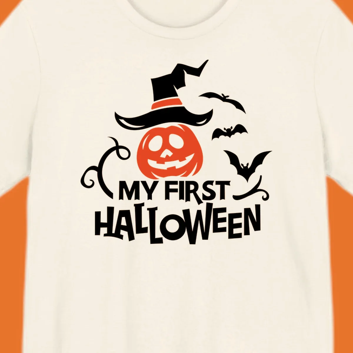 My First Halloween text with a pumpkin wearing a witch hat and bats.
