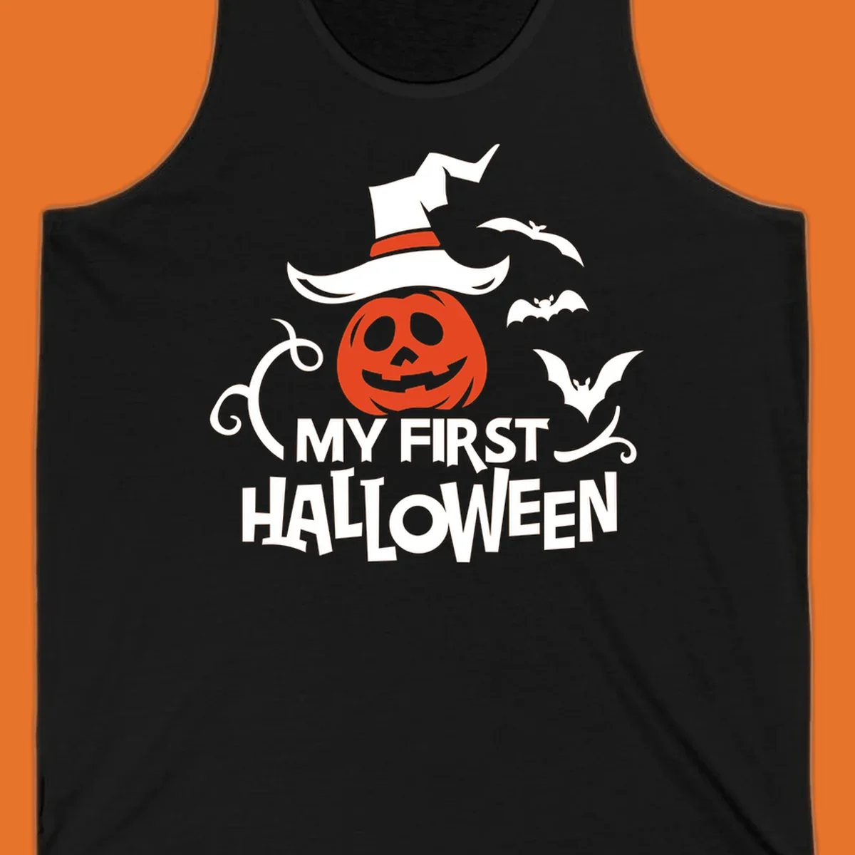 My First Halloween text with a pumpkin wearing a witch hat and bats.