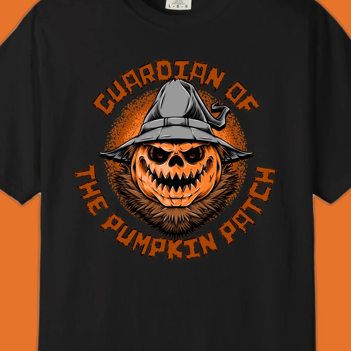 Guardian of the pumpkin patch scary jack-o-lantern with witch hat, text design.