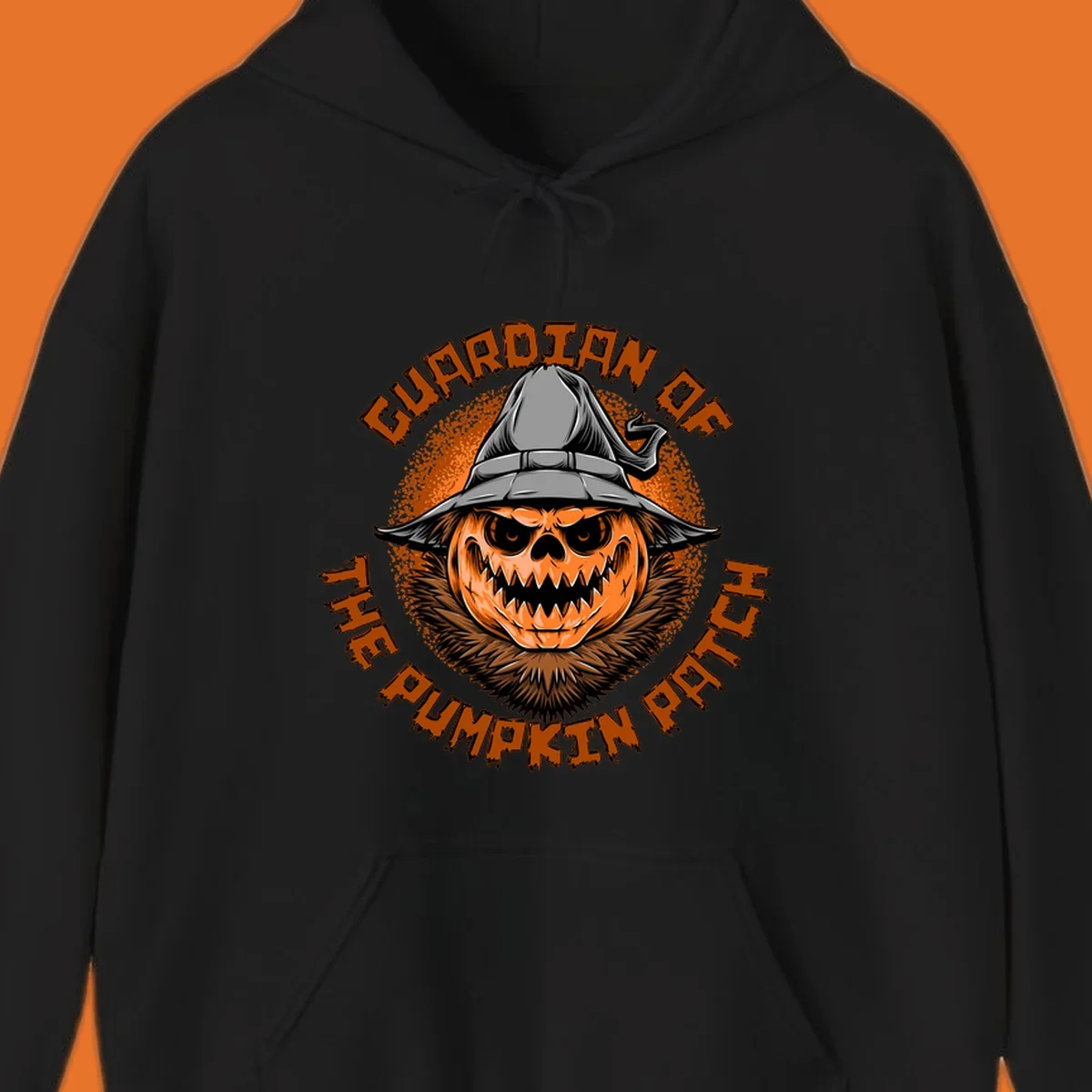 Guardian of the pumpkin patch scary jack-o-lantern with witch hat, text design.