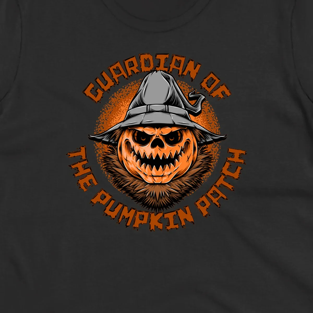 Guardian of the pumpkin patch scary jack-o-lantern with witch hat, text design.